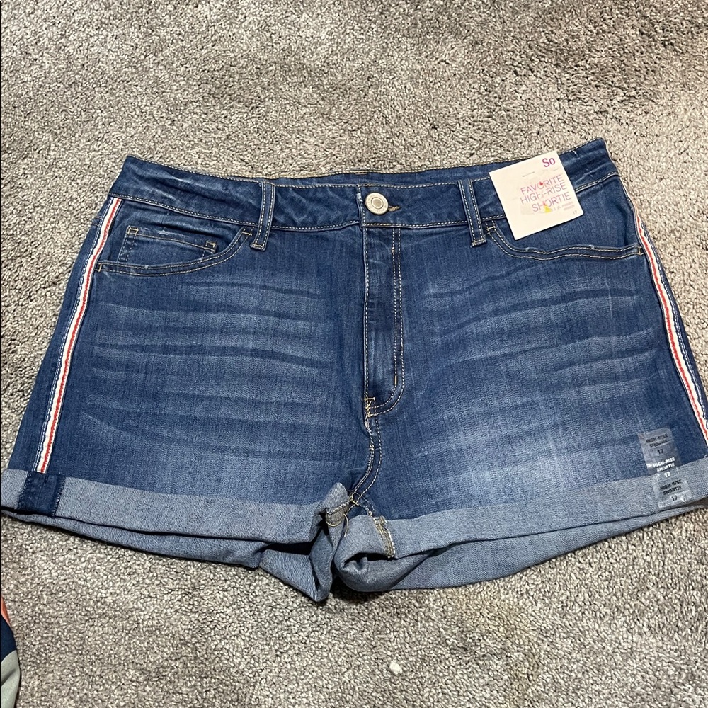 NWT SO High rise shortie stretch jean shorts - red white blue patriotic stripe